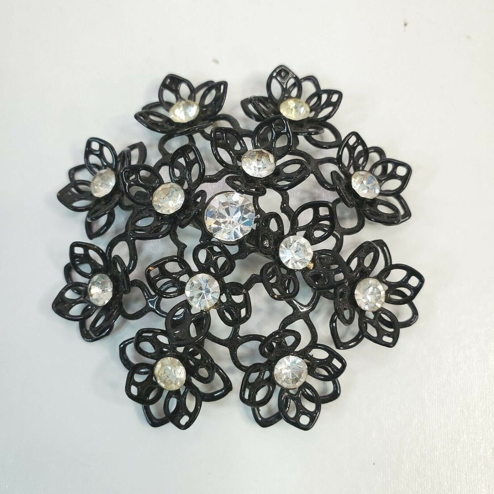 Vintage Large Coated Wire Black Flowers Floral Clear Rhinestones Brooch Pin